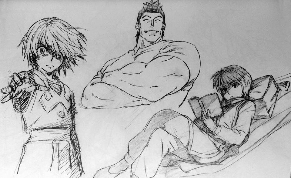 On peut retrouver ses propres travaux sur l'œuvre dans le « Hunter x Hunter Rakugaki Bon », un artbook d'une quarantaine de pages contenant plusieurs de ses illustrations que j'vais présenter en dessous :