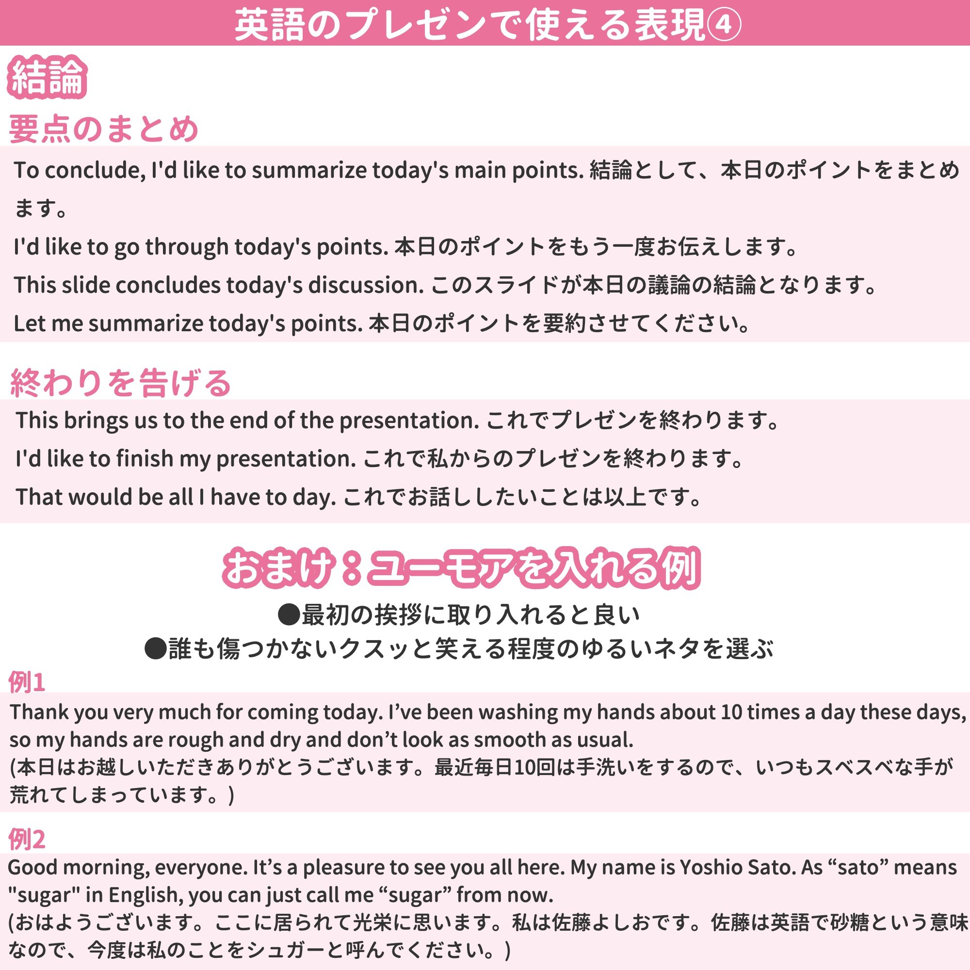 ミトママ 英語学習 A Twitter 英語でのプレゼン 明日やれと言われたらできますか 今回は 英語のプレゼンやスピーチに使える表現 を序論 本論 結論の構成でまとめました 堅苦しくなりがちなビジネスの場面だからこそ 場を和ませることでプレゼンの成功に