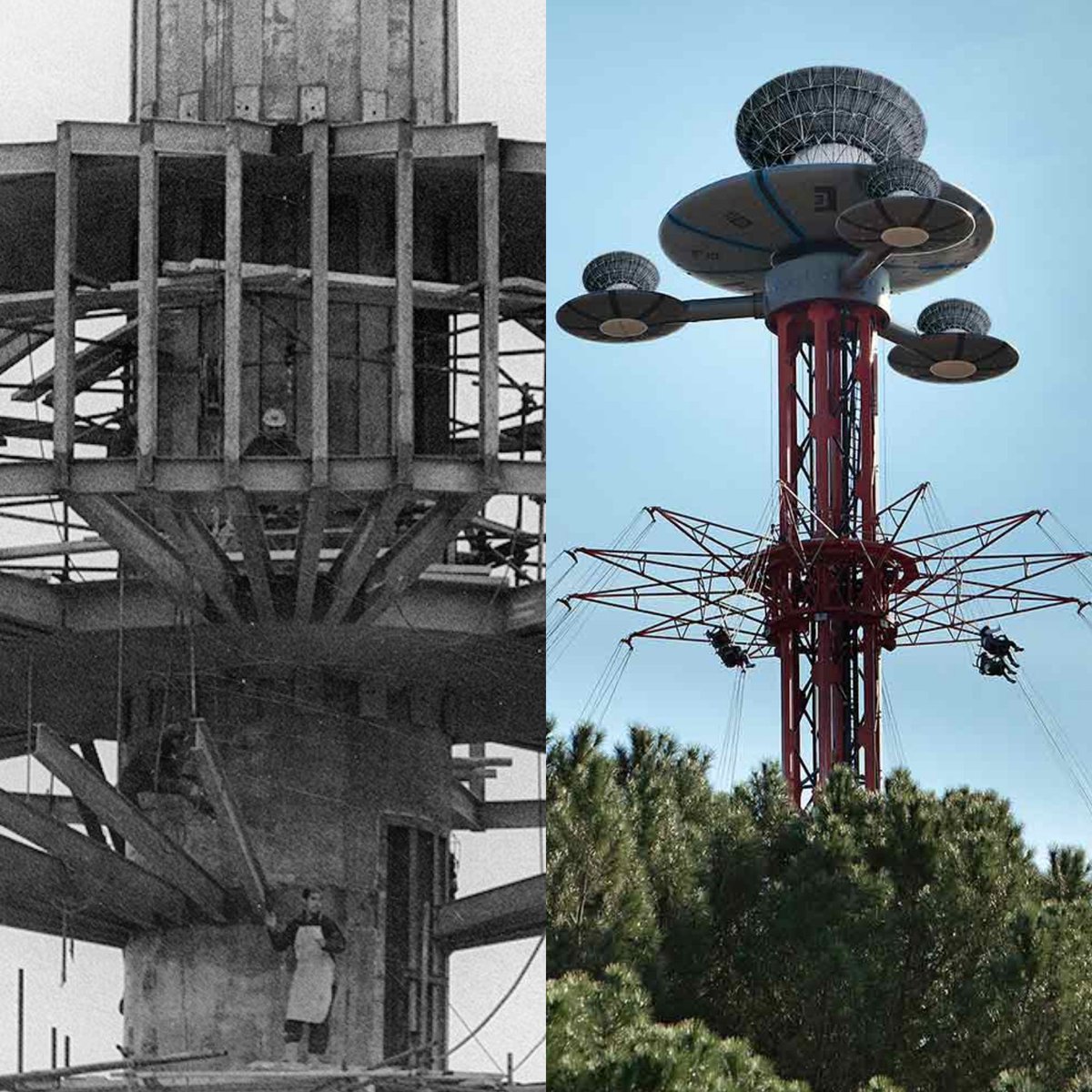 EIPYC's tweet image. En el 2010 se desmantela el clásico "Platillo volante" o "cafetería del árbol" del #ParqueDeAtraccionesMadrid. Este platillo fue inaugurado en 1969 y tenia unos 20 metros de alto. En su reemplazo; llegó una #StarFlyer de 80 metros de altura a como se ve en la imagen.👇