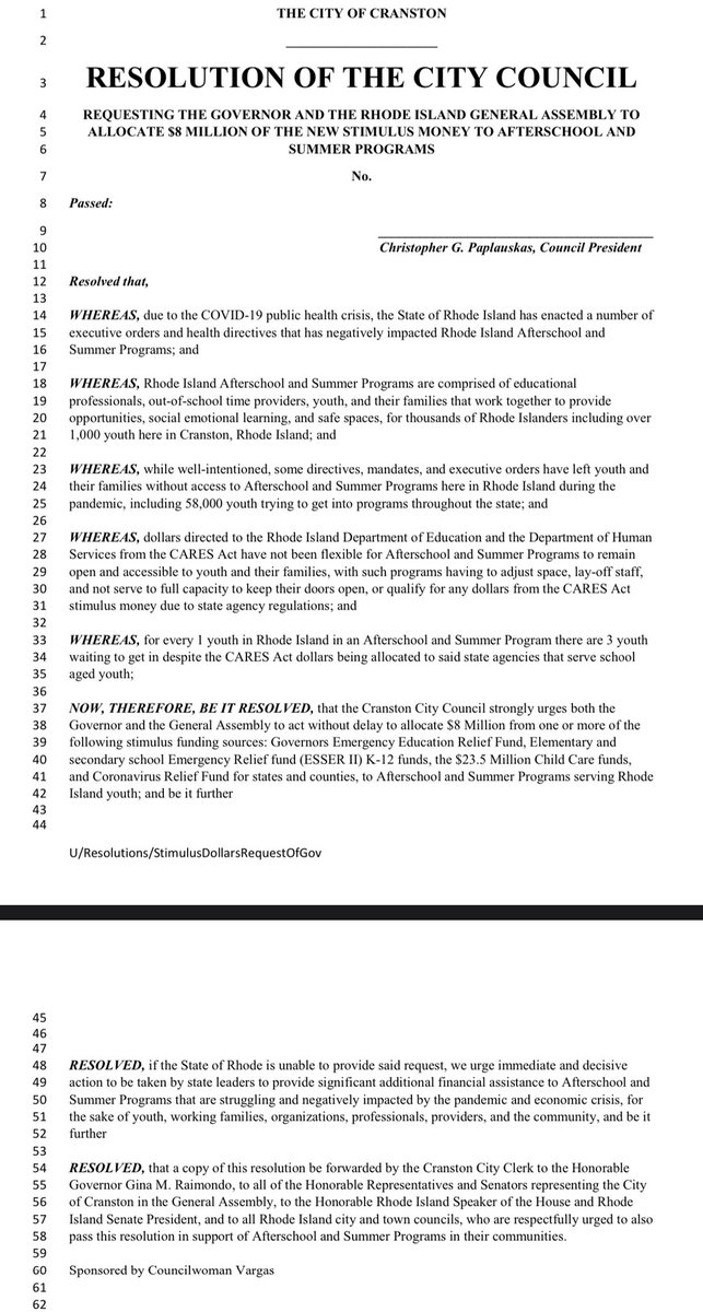 As a mom & Councilwoman I’m excited this resolution (pic👇🏽) passed this evening before the Cranston Council unanimously w/ bipartisan support as we advocate for statewide & Cranston youth programs during this pandemic. @afterschoolri @AyanaMelvan @liveunitedri #ThisisAfterschool