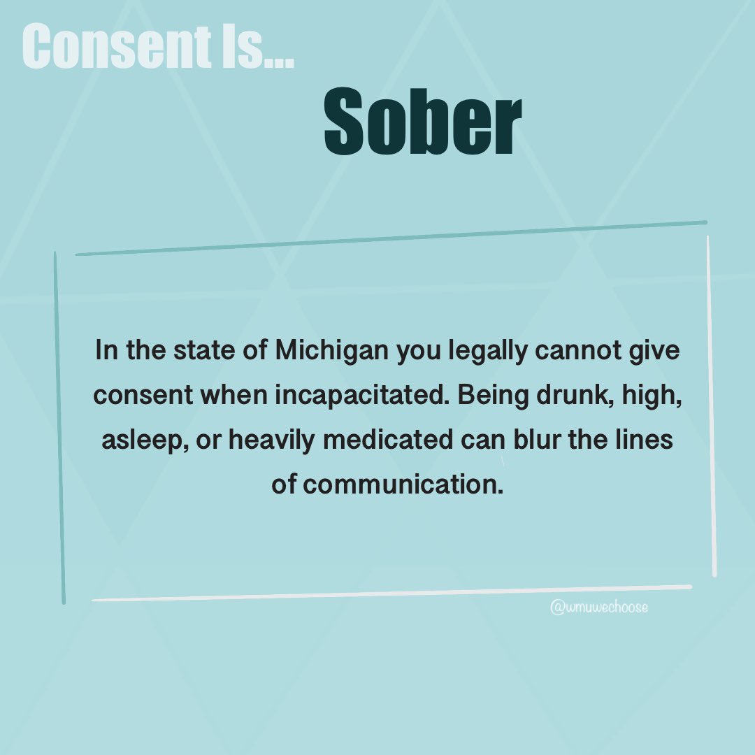 WMUwechoose's tweet image. Don’t let consent confuse you. It’s a simple statement that we can all do, we just need to practice it! Keep these words in the back of your mind when thinking about consent, asking or receiving it. Let’s normalize the conversation 🤩 #consent #WeChooseConsent
