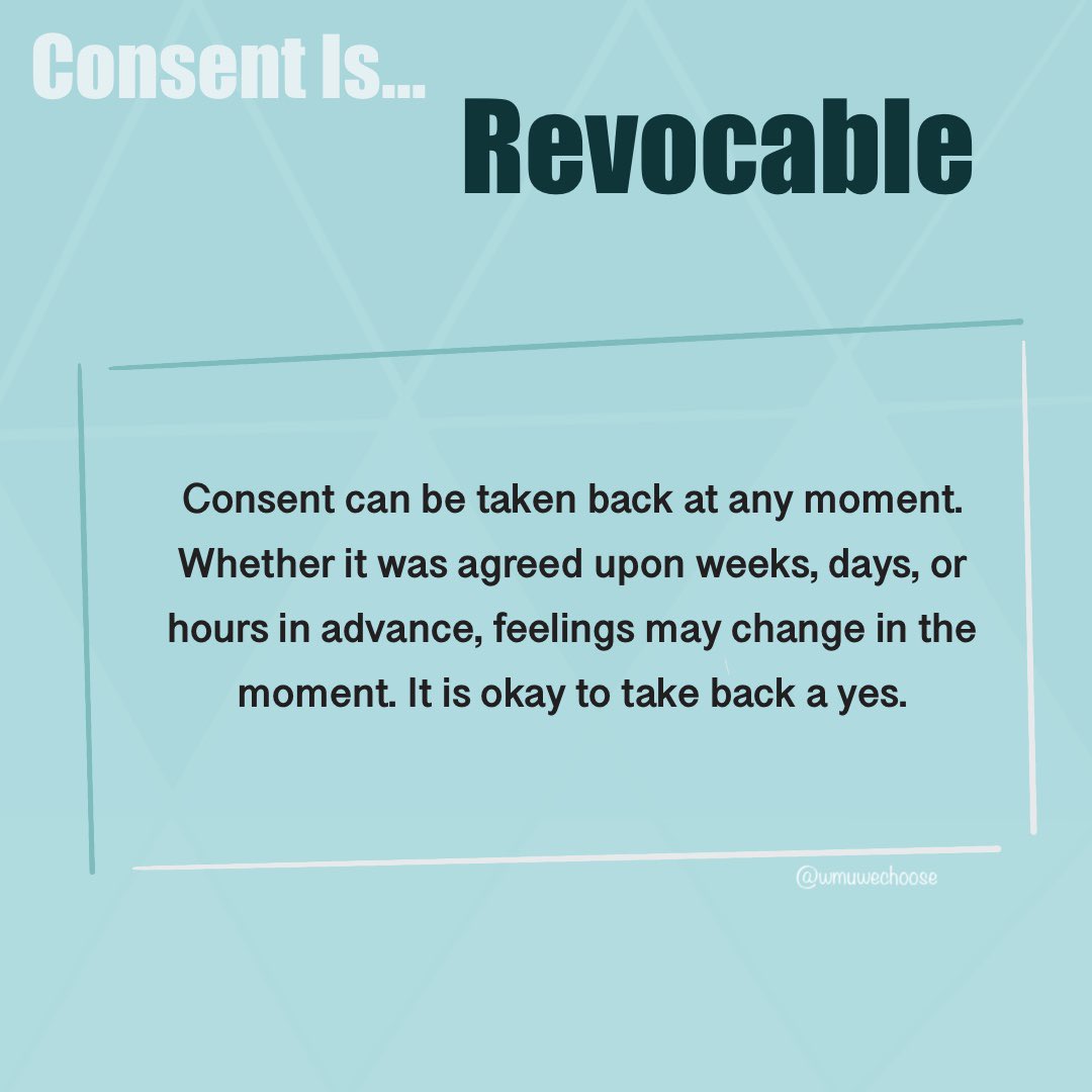 WMUwechoose's tweet image. Don’t let consent confuse you. It’s a simple statement that we can all do, we just need to practice it! Keep these words in the back of your mind when thinking about consent, asking or receiving it. Let’s normalize the conversation 🤩 #consent #WeChooseConsent