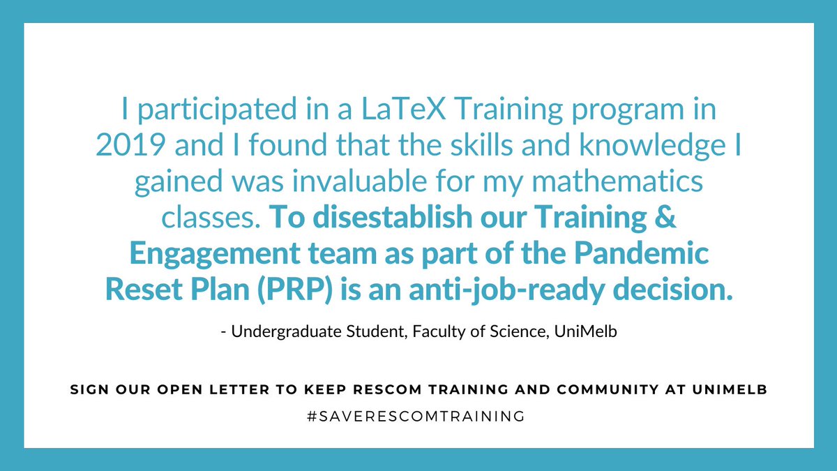 There are only two days left to sign our open letter to #SaveResComTraining. Let's prevent this regressive, anti-research and harmful decision from going ahead - sign our open letter (saverescomtraining.gitbook.io) and submit your feedback to the Uni (go.unimelb.edu.au/266i).
