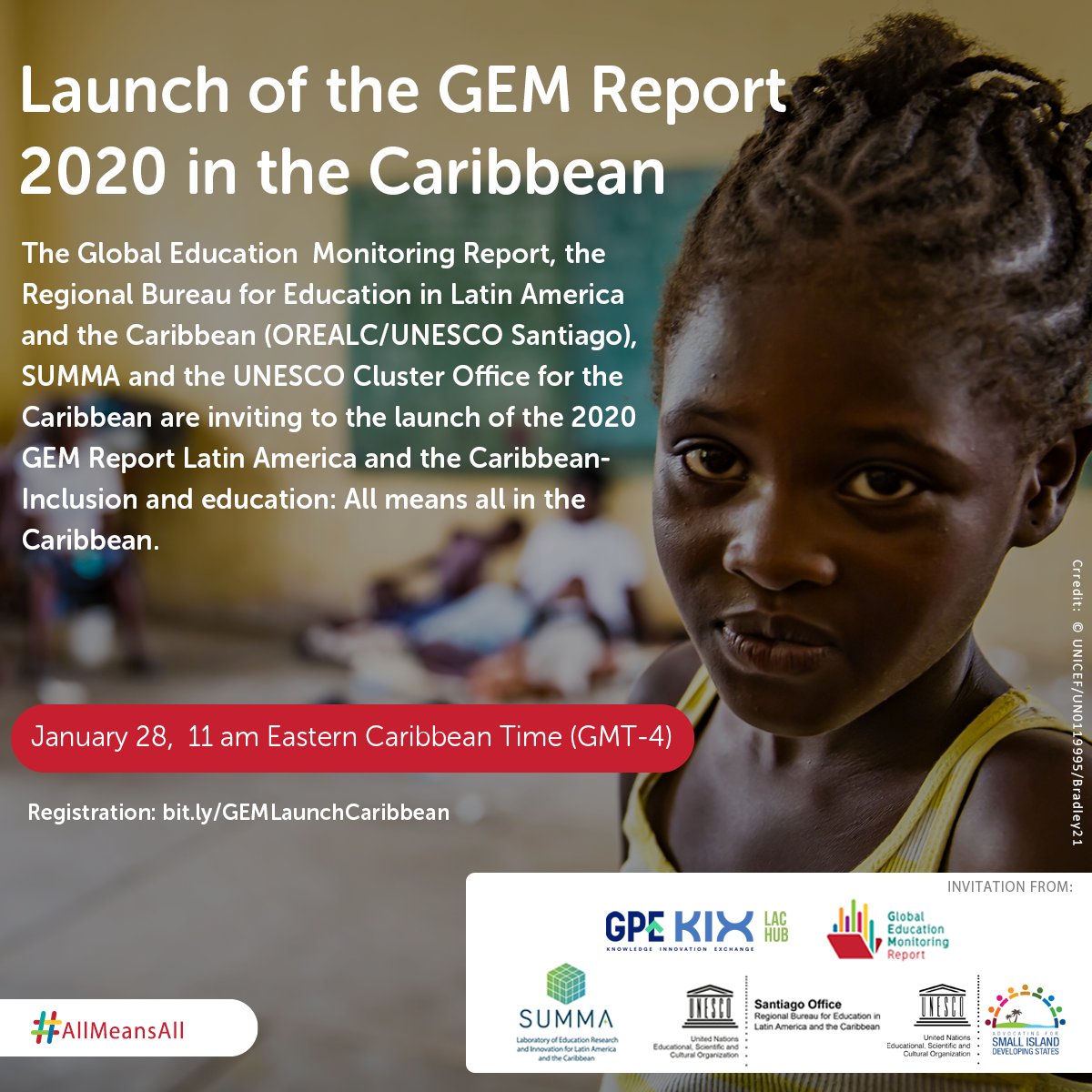 CaribbeanUnesco's tweet photo. How to make education in the Caribbean more inclusive?
Only by addressing the diverse needs of all learners can regions move forward, leaving no one behind. #AllMeansAll
Learn more at the launch of the #GEM2020 report
📆January 28
⏰10 am EST
Register👉https://t.co/o0vun65mGk https://t.co/mP1c7Hyhd5