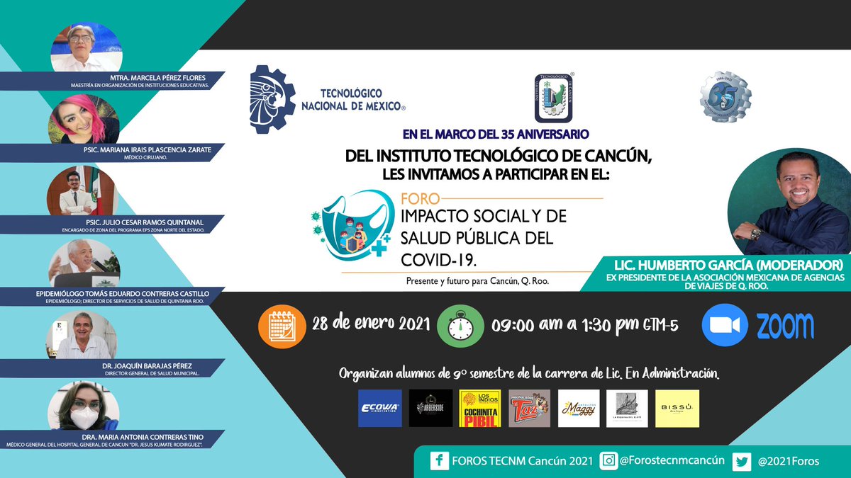 👨‍👩‍👧‍👦Impacto Social y de Salud Pública🚑:
▪️Mtra. Marcela Pérez.
▪️Psic. Mariana Plascencia.
▪️Psic. Julio Ramos.
▪️Epidemiólogo Tomás Contreras.
▪️Dr. Joaquín Barajas.
▪️Dra. María Contreras.
En el marco del #35Aniversario del #ITCancún
#IMPACTOCOVID19CANCUN