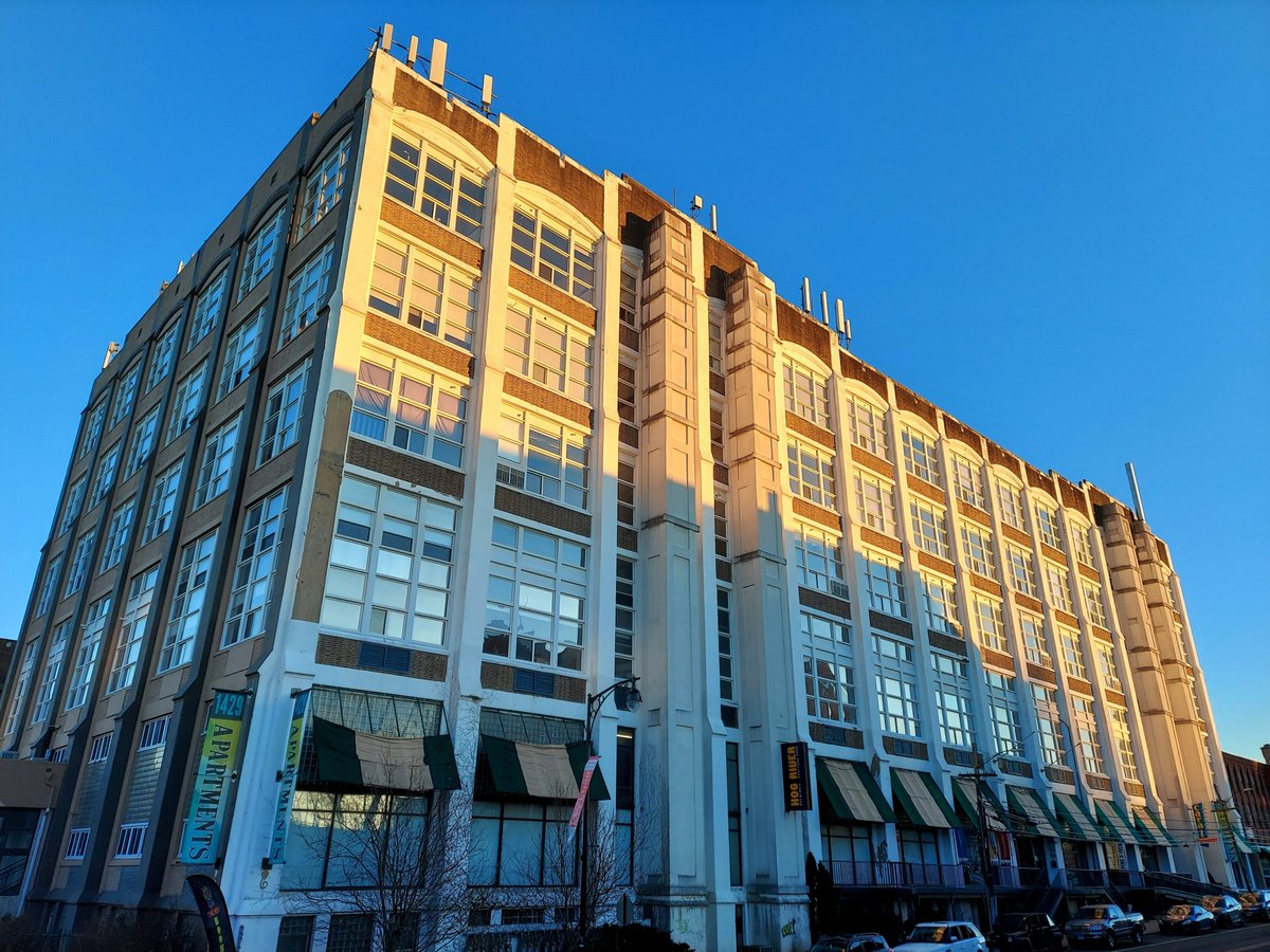The US Rubber Company's 1920 building was the acme of Parkville industrial architecture with Art Deco detailing. Today it's center of the neighborhood. It also has a brewery, shops, and an ax throwing business. Most importantly, it has four floors of loft apartments.