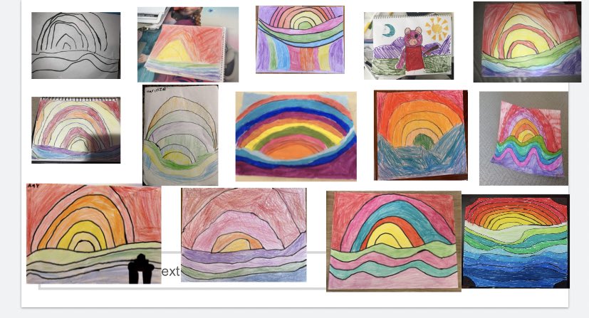 sarahdreger2's tweet photo. Our Ted Harrison inspired artwork created by the grade 2 #CBEhub class shows the beautiful tundra of northern Canada and the colourful sunsets! We did this as a directed drawing during a Google Meet and they turned out amazing! #WeAreCBE @mckenzie_lake https://t.co/5cKfOmS0yQ