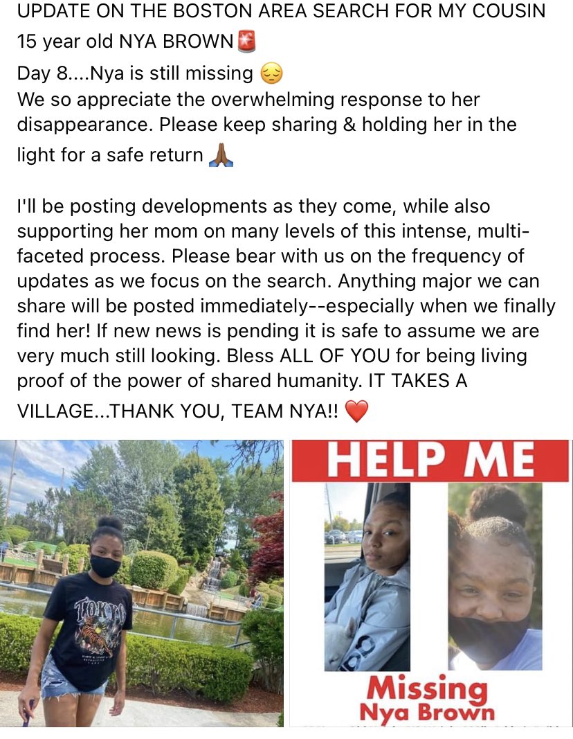 Kit_ONeil's tweet photo. BOSTON AREA~ MISSING TEEN.  My friend’s cousin is MISSING. 15y.o. PLEASE Help Bring Nya Home #boston #bostonarea #bostonma #missingteen #missingchild #PleaseHelp #NyaBrown https://t.co/aX7mX5v7f9