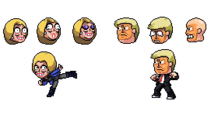 Jump to 2016, I was commissioned to make sprites for a DBX joke fight about the U.S. elections, back when it was all fun and games. Just head swaps of Scott Pilgrim sprites, but I still think they're pretty accurate. U.S. late night TV hosts should have hired me.