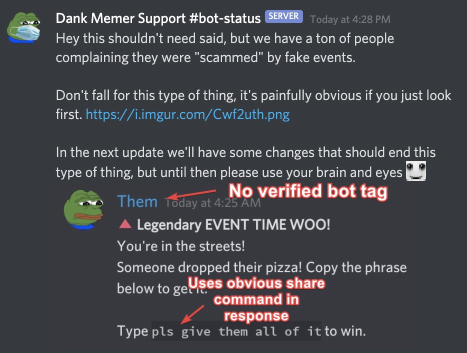 Dank Memer (Discord Bot) on X: A PSA on fake events. TLDR; use your eyes  and brain  / X