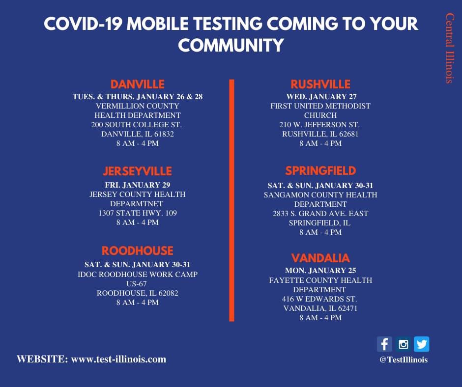 TestIllinois's tweet photo. Mobile Sites 1/25 through Sunday 1/31! Spread the word to family and friends in your communities! Continue to do your part and stay safe. 

Visit our website at https://t.co/44QFVoSE5c to view all of our testing site locations and to pre-register!  

Keep getting tested IL! https://t.co/I6BgZ4VVB8