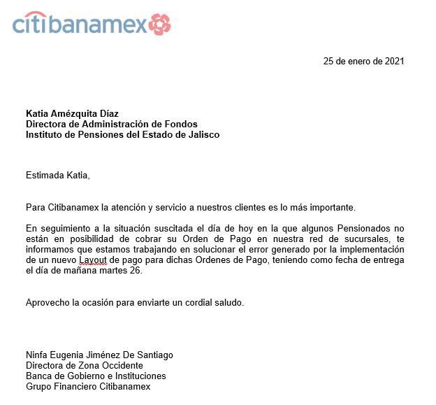 ipejalgob's tweet photo. #AvisoImportante
Este día, debido a causas atribuibles a fallas en el sistema de Banamex se suscitó un retraso en el depósito de la pensión de 9,400 jubilados y pensionados que reciben su nómina a través de referencia en dicha institución bancaria. https://t.co/YRcQgE0ZsT