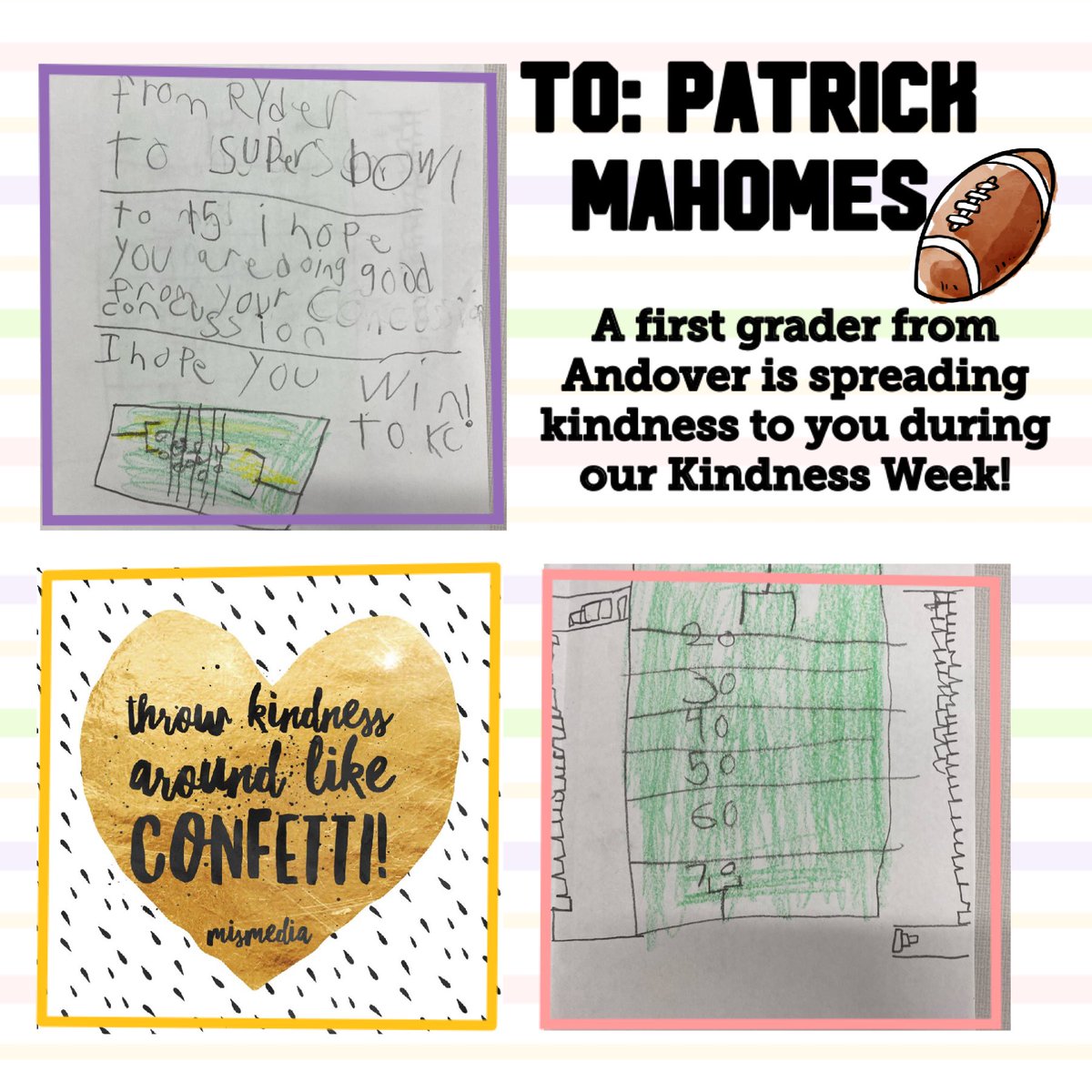mrs_pfaff's tweet photo. Spreading kindness during our Kindness week to @PatrickMahomes and @Chiefs  for the Super Bowl! @AndoverSchools https://t.co/xvdijd5QM4