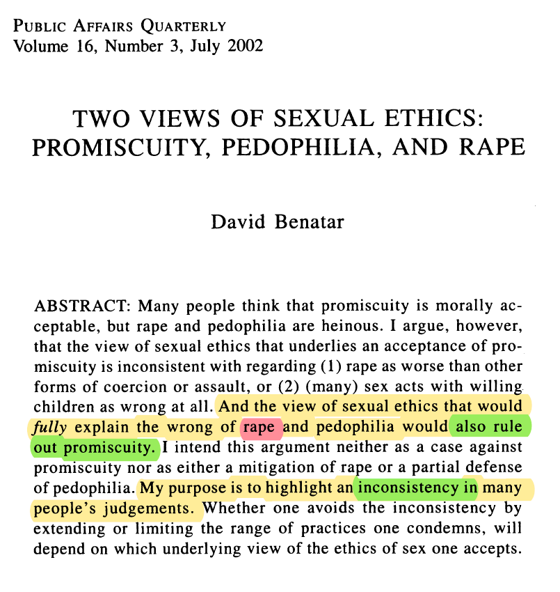 This atheist logic of promoting hedonism also permits things like rape, bestiality, and child molestation.Atheist philosopher David Benatar explains those who promote "sexual liberation" open the doors to rape as a "human right".Source:  https://www.jstor.org/stable/40441324&nbsp;
