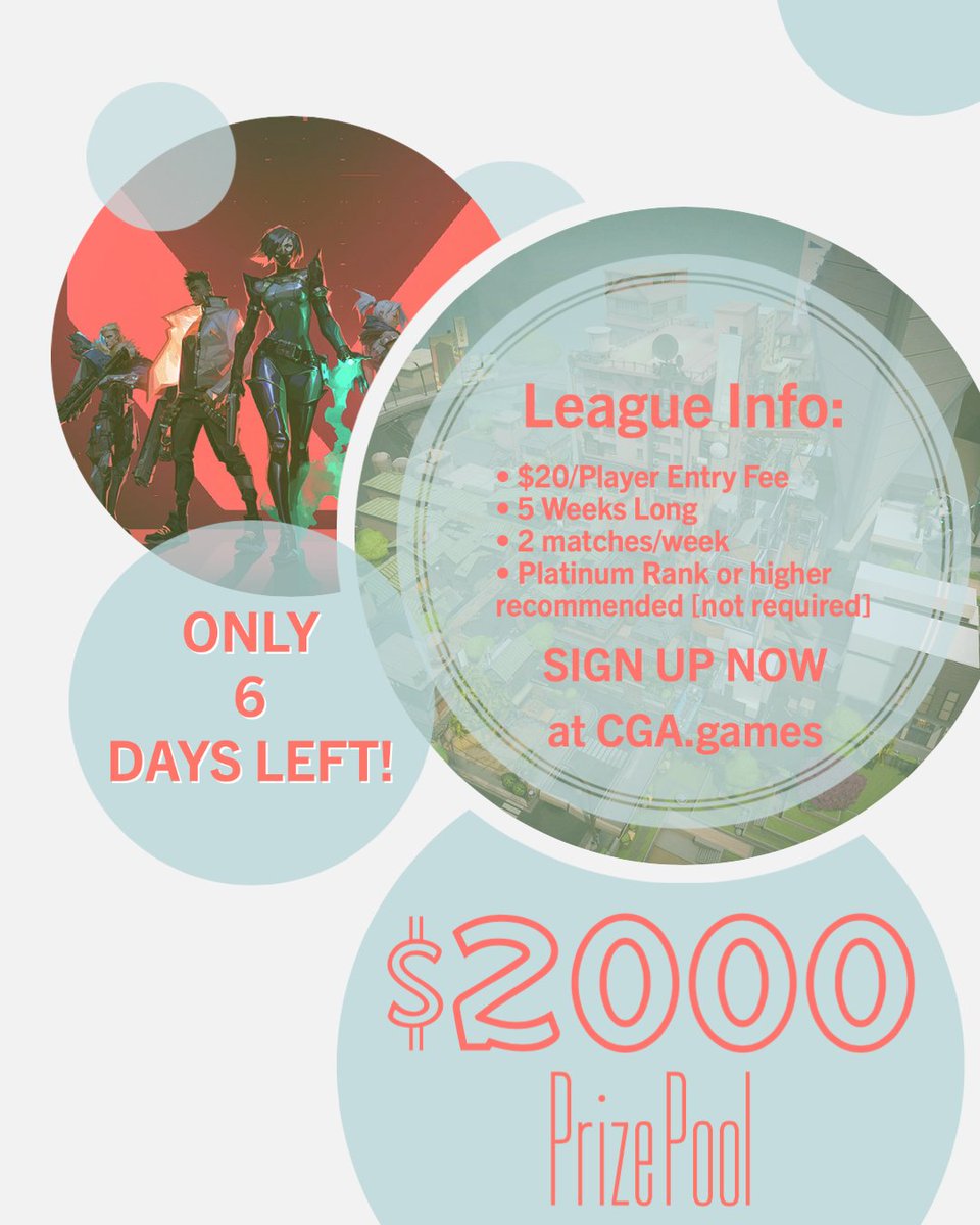 TheOfficialCGA's tweet photo. CGA's #valorant league starts in 6 days! Have you signed up yet? Tag your friends who'd you like to team up with and take the first steps to becoming a pro gamer with #cga .

Deadline for sign ups is 1/31 at 12AM CST

Sign up here: https://t.co/a65RIguMLE https://t.co/eFR90Rj9x4