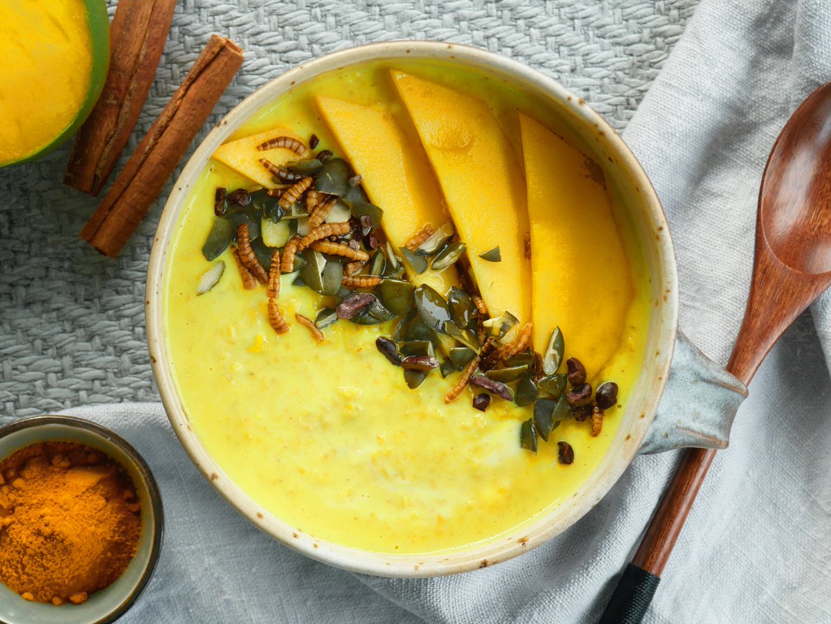 Warming Kurkuma Porridge with mealworms

#eatthefuture #foodinsects #kurkumaporridge #porridge #eatbugs #mealworm #novelfood #sustainablefood #nachhaltigessen #breakfast 

foodinsects.de/rezepte-mit-in…