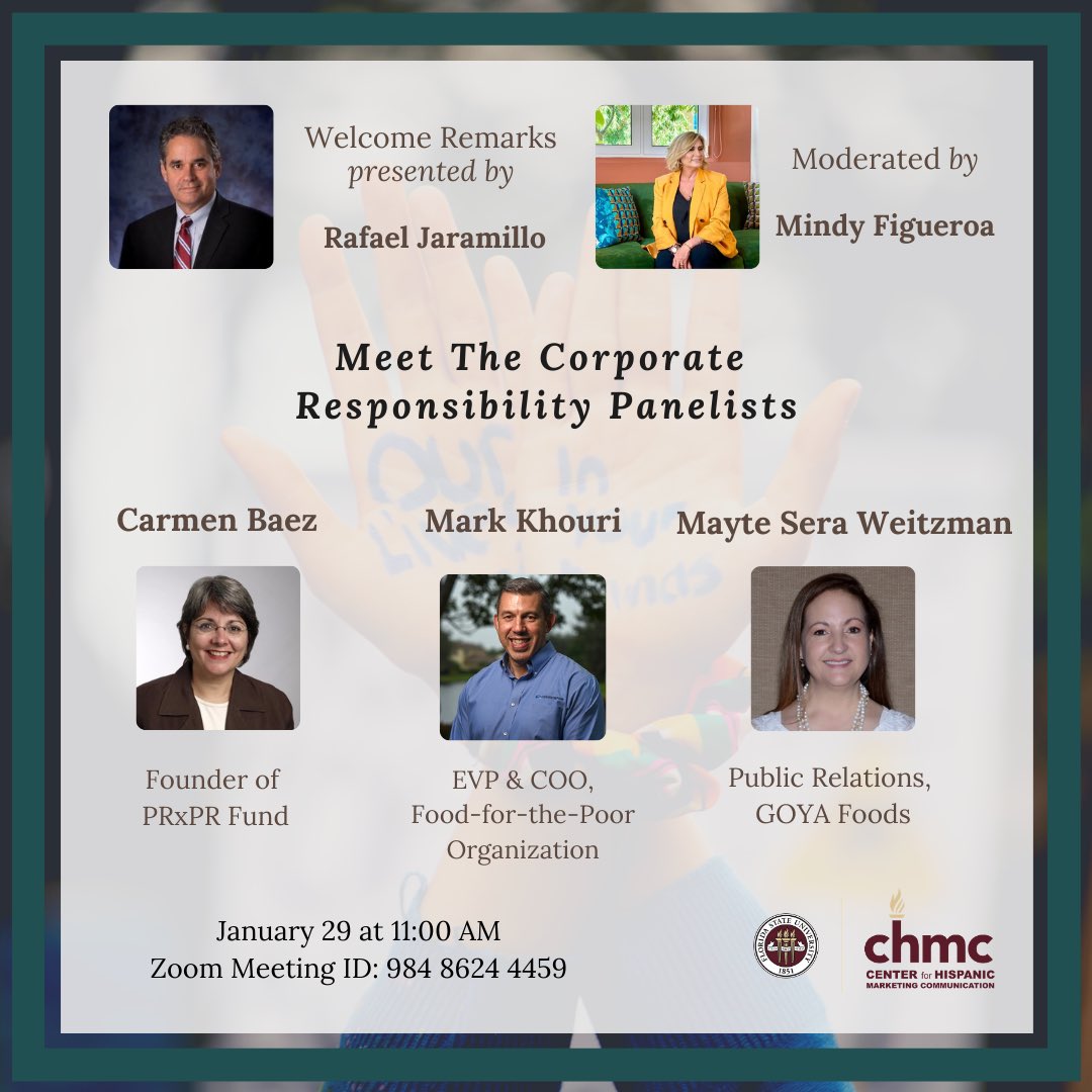 JOIN US!! For our first panel of the semester 🎙

Where we will be discussing corporate responsibility and what that means for marketers and consumers! 🗣📣

You won’t want to miss out! Join us this Friday at 11:00AM

Zoom code is linked in our bio🖱

#chmc #marketing #fsuchmc