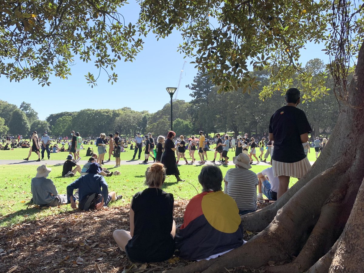 Respectfully protesting today on Gadigal land in solidarity with Aboriginal and Torres Strait Islander people. And alongside—and in acknowledgement of—elders past and present.Big props to organisers for the effort and time. Free sunscreen, masks, water and QR check-ins no less.
