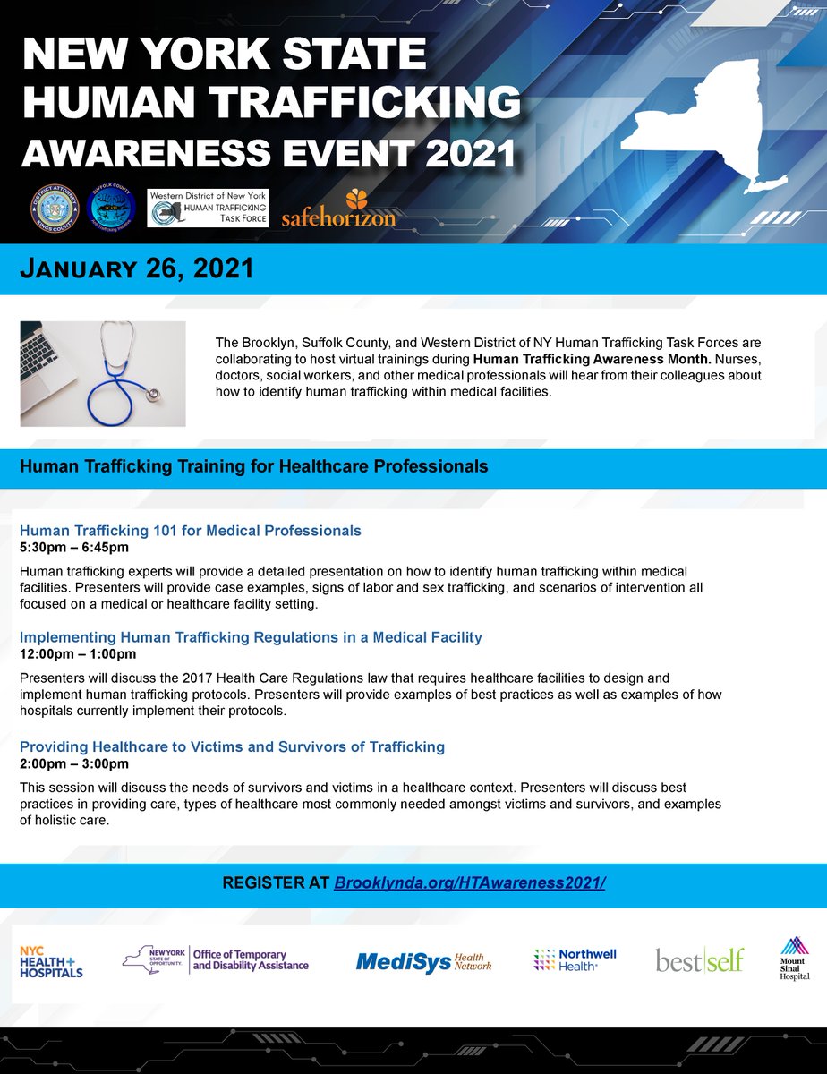 There is still time to register for our virtual training on Tuesday for medical professionals across the state. Join us to learn about human trafficking indicators and how to respond to the complex health needs of victims. bit.ly/369vJrC
