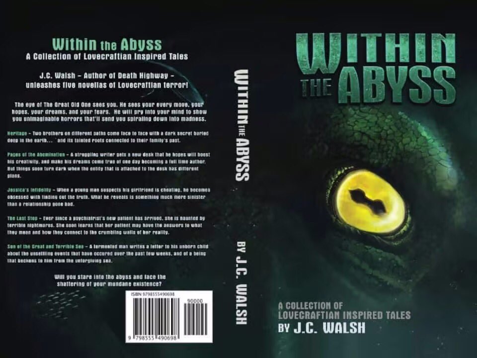 Within the Abyss- 5 Novellas of Lovecraftian Inspired terror! Heritage, Pages of the Abomination, Jessica’s Infidelity, The Last Stop, and The Son of the Great and Terrible Sea. Available in paperback and kindle ebook through Amazon! #cosmichorror #horror #Lovecraftian