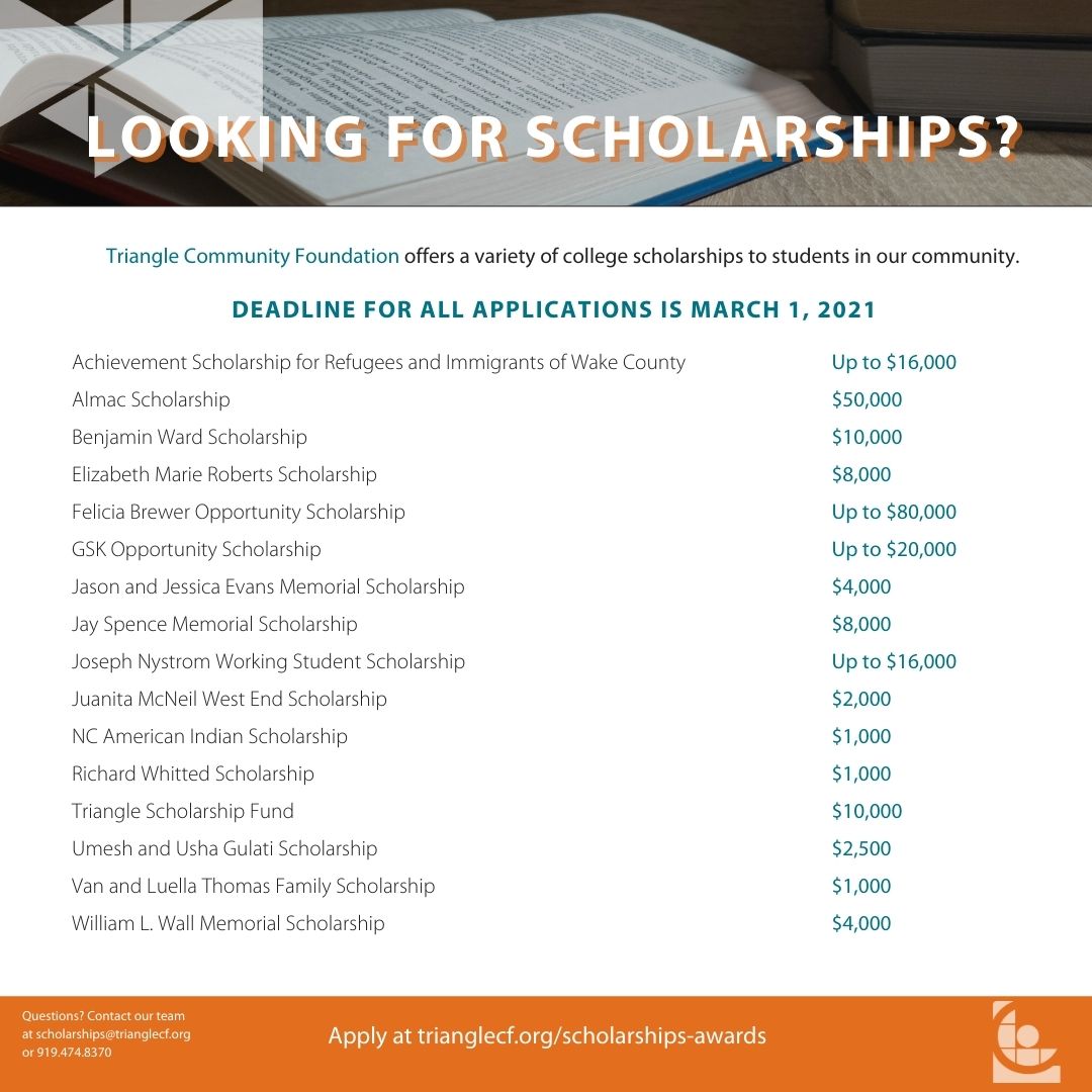 TriComFdn's tweet photo. Has your student applied for our scholarships? Our general application process makes it easier for students to apply. Learn more and apply here: https://t.co/JP7ODY1fMz. @DurhamPublicSch @OrangeCoSchools @ChathamCoSch @chccs @WCPSS https://t.co/WW0GgOEqAj