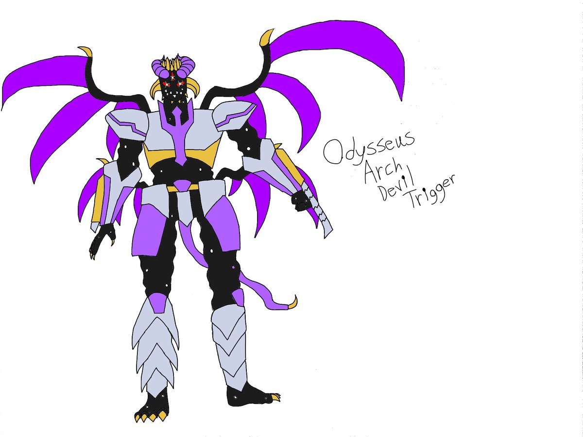 PrometheusLux's tweet photo. Boredom has compelled me to post these inspired by @/KAINONAUT's #deviltriggerchallenge (of course WAY late)
Odysseus and his Devil Arm/partner Amdusias and their merged Arch Devil Trigger https://t.co/Dw1UnPc1qe