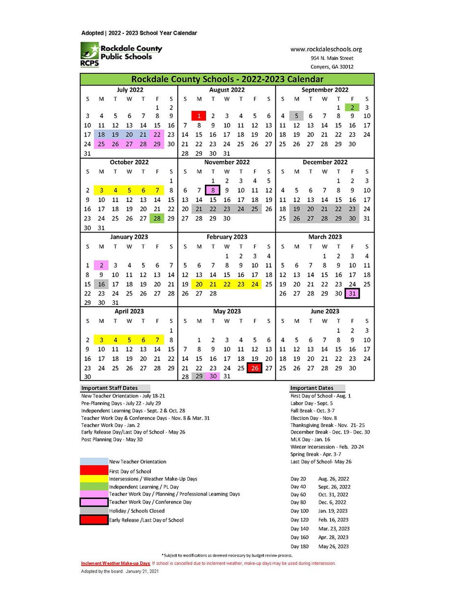 Cmcss Calendar 2022 2023 Rockdale Co. Schools On Twitter: "Rcps 2021-2022 And 2022-2023 School Year  Calendars Are Now Available At Https://T.co/3J7Voicsci The Rockdale County  Board Of Education Adopted The Calendars At The January 21, 2021 Meeting.