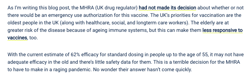 ...on people >65, if that comes, would not surprise me. Here's an excerpt from my December vaccine roundup:  https://absolutelymaybe.plos.org/2020/12/20/why-two-vaccines-passed-the-finishing-line-in-a-year-and-others-didnt-and-a-month-12-roundup/ What do we know about both these issues, efficacy & safety in over 65s? ....3/n