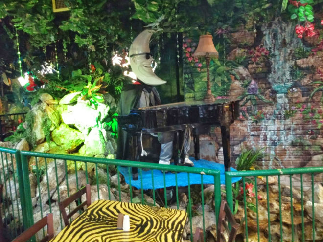upon entry, guests were thrown into an enomrous arcade and dining area - ft. aquariums, more murals, and a mac tonight animatronic surrounded by an indoor jungle and waterfall. a venue stage was also present, and frequently featured live entertainment.