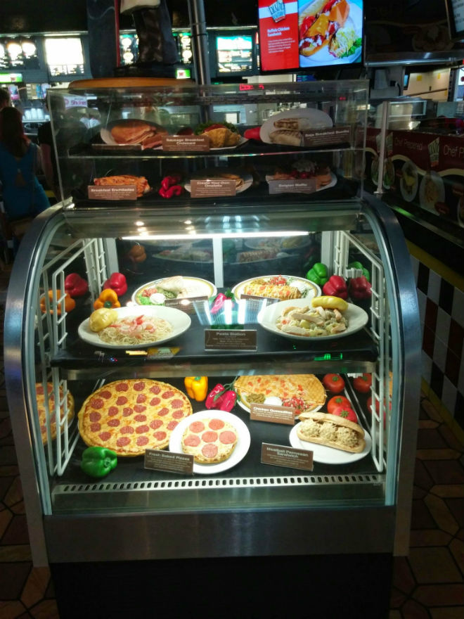 similar to the bistro gourmet concept, many unique food items were offered here; pizza, ice cream, sandwiches, cakes, and even nonstandard breakfast items.