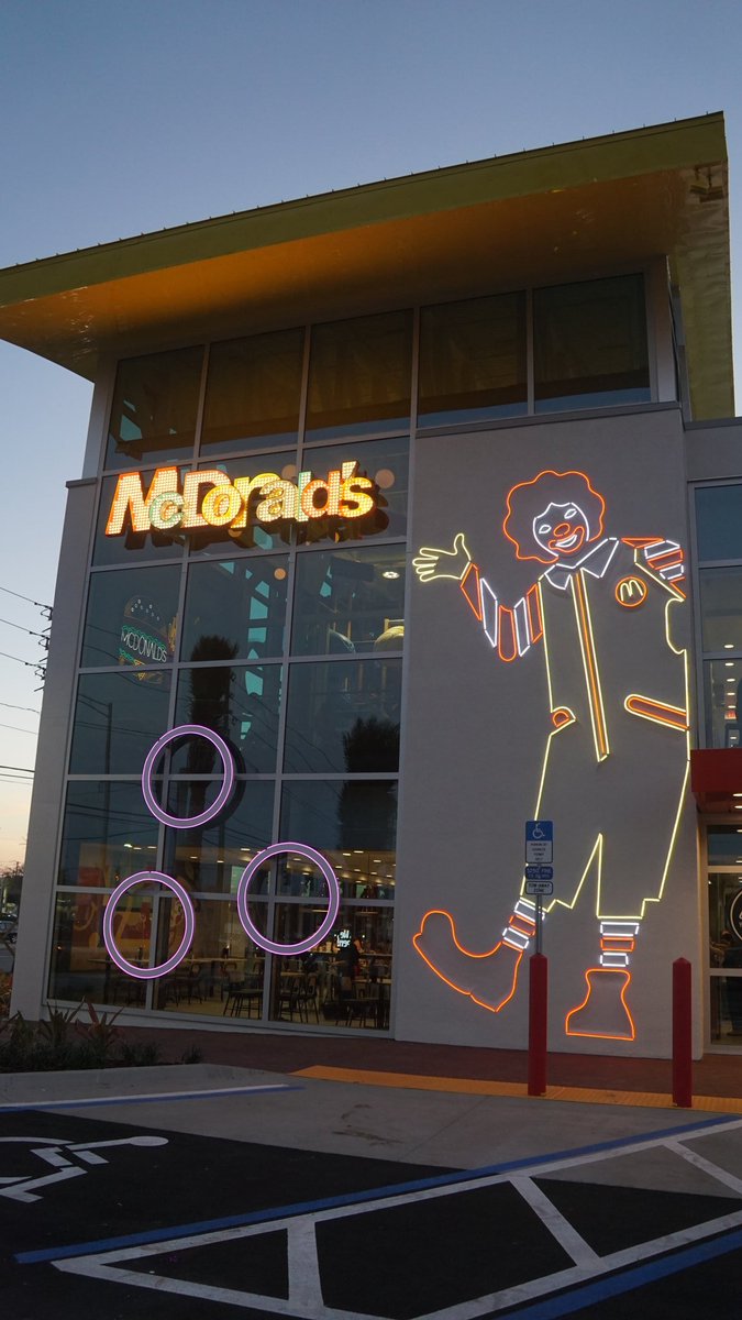 come 2016, a re-envisioned "epic mcdonald's" opened its doors. this new location reined in the chaos for a more modern, but still zany and super-sized, appearance. trademark features, like the neon lights, were carried over into the new design.(photo #1 credit:  @bioreconstruct)