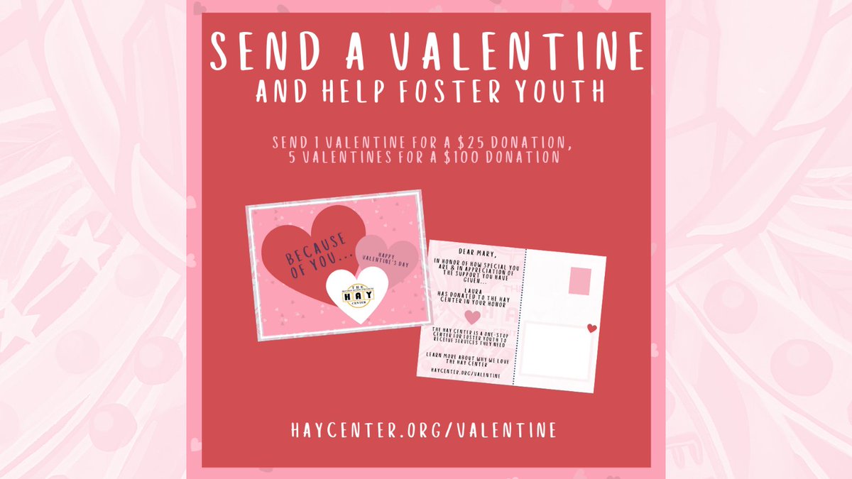 CenterHay's tweet image. For Valentine's Day this year, help foster youth and send a valentine to someone who has inspired, mentored, or given you support or encouragement! 

Go to haycenter.org/valentine to get started 💘