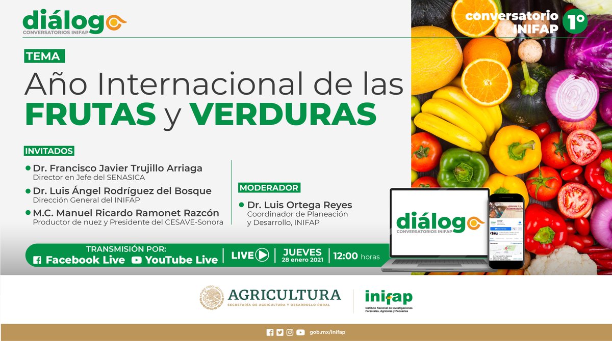 Promover el consumo de alimentos saludables es una de las razones del Año Internacional de las Frutas y verduras, importante tema que tratarán nuestros invitados en Diálogo Conversatorio INIFAP 
jueves 28 de enero 2021 #dialogo #inifap