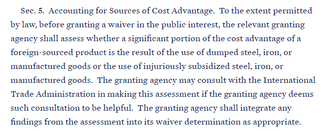 Ooh, another huge thing I'm just noticing. Agencies will work with ITA to consider whether the cost advantage of a foreign product comes from foreign subsidies. Especially in the green economy, where subsidies abound, this will be a big deal.