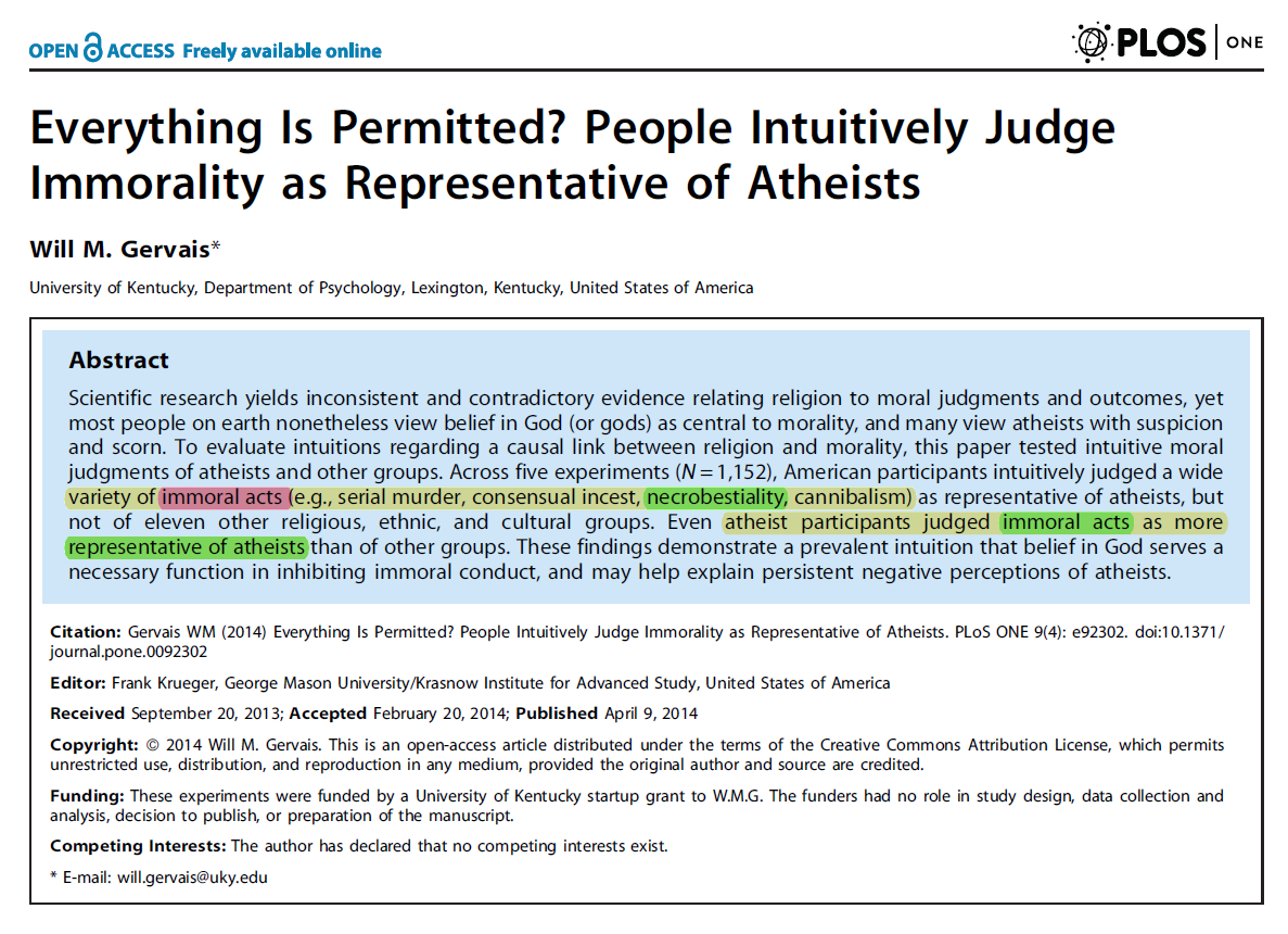 Scientific studies on the topic of atheism and morality have found that even *atheist participants* judge things like incest, bestiality, and cannibalism as representative of atheism. https://journals.plos.org/plosone/article?id=10.1371/journal.pone.0092302