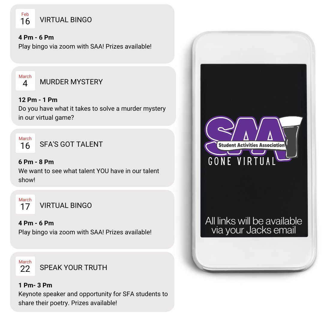 Wondering what virtual events we have this semester? We got you covered! 

To access our virtual events, go to your Campus Life tab on your MySFA account, and then scroll to Student Activities Association! See you there ☺️💜

#thesaaexperience #lumberjackstrong #virtualevents