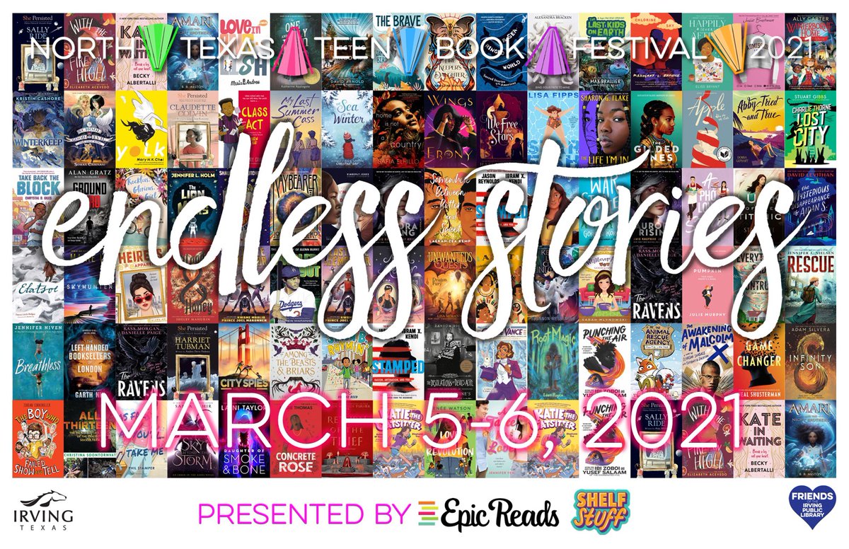 NTTBFest's tweet image. We are very excited to share with you the author lineup AND panel schedule for #NTTBF21! We have over 90 writers and illustrators coming to the virtual festival, March 5-6 on YouTube. See which of your favorites will be there by visiting northtexasteenbookfestival.com. #EndlessStories