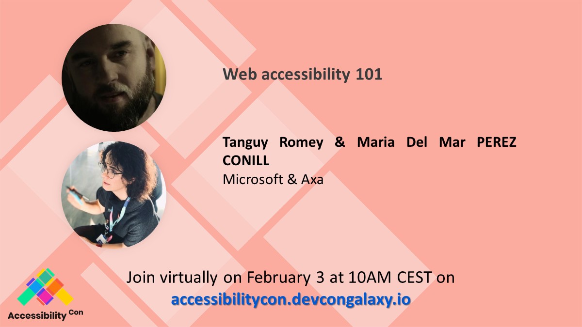DevconGalaxy's tweet image. 📢 Are you looking for a workshop on web accessibility ?Join Tanguy (@tromey) and Maria (@Mar_UXer) for a hands-on session during the #AccessibilityCon !

📅Agenda and registration here: accessibilitycon.devcongalaxy.io