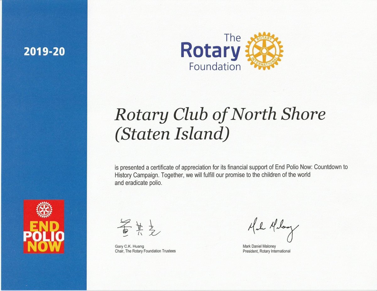Another proud moment for the North Shore Rotary Club 👏 This week we received a 2019-20 <a href="/Rotary/">Rotary International</a> Foundation End Polio Now Award for being 1 of 5 Clubs with the highest donations in our District to the End Polio Fund. Together we will End Polio!  We're this 🤏 Close!  #EndPolioNow