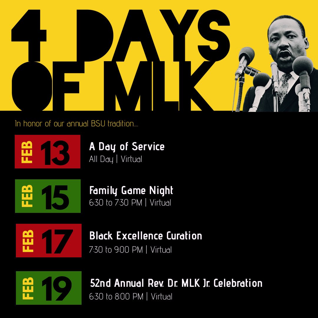 In honor of our annual MLK Dinner, we’re bringing you #4DaysOfMLK, in an effort to (virtually) celebrate the King himself. 

Join us next month for a week of LIT events! 🗣 More info to come!