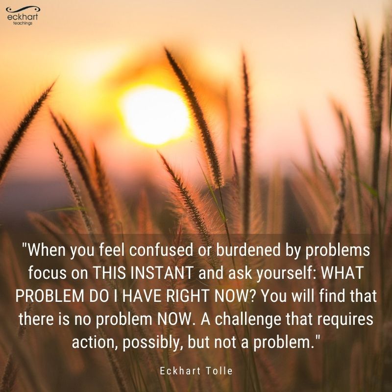"When you feel confused or burdened by problems focus on THIS INSTANT and ask yourself: WHAT PROBLEM DO I HAVE RIGHT NOW? You will find that there is no problem NOW. A challenge that requires action, possibly, but not a problem." - Eckhart Tolle