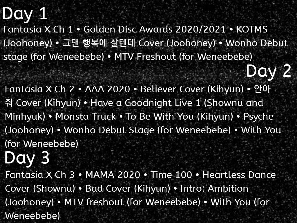 StellarMBB's tweet photo. Monsta X Rewind 2020 Lineup

Stream Feb 1-7 and celebrate everything Monsta X accomplished in 2020 using the hashtag #/MonstaXRewind2020. From their success on Billboard to their first Daesang, we have a lot to celebrate!

Playlists will be provided.
*Reposted because of typo https://t.co/551oGmRES1