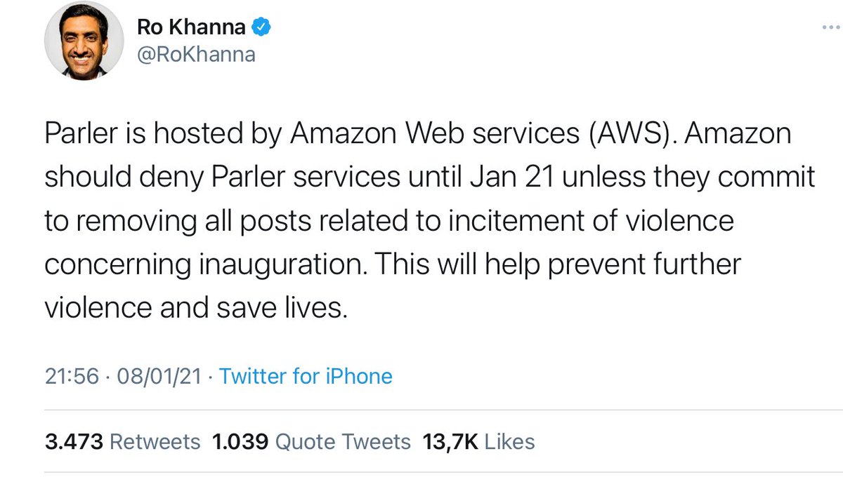 For those asking which Democrats called on Silicon Valley monopolies to remove Parler, start here: some pretty influential and significant ones (I had a long, respectful debate with Ro Khanna about it that day on this site, but his position is clear):