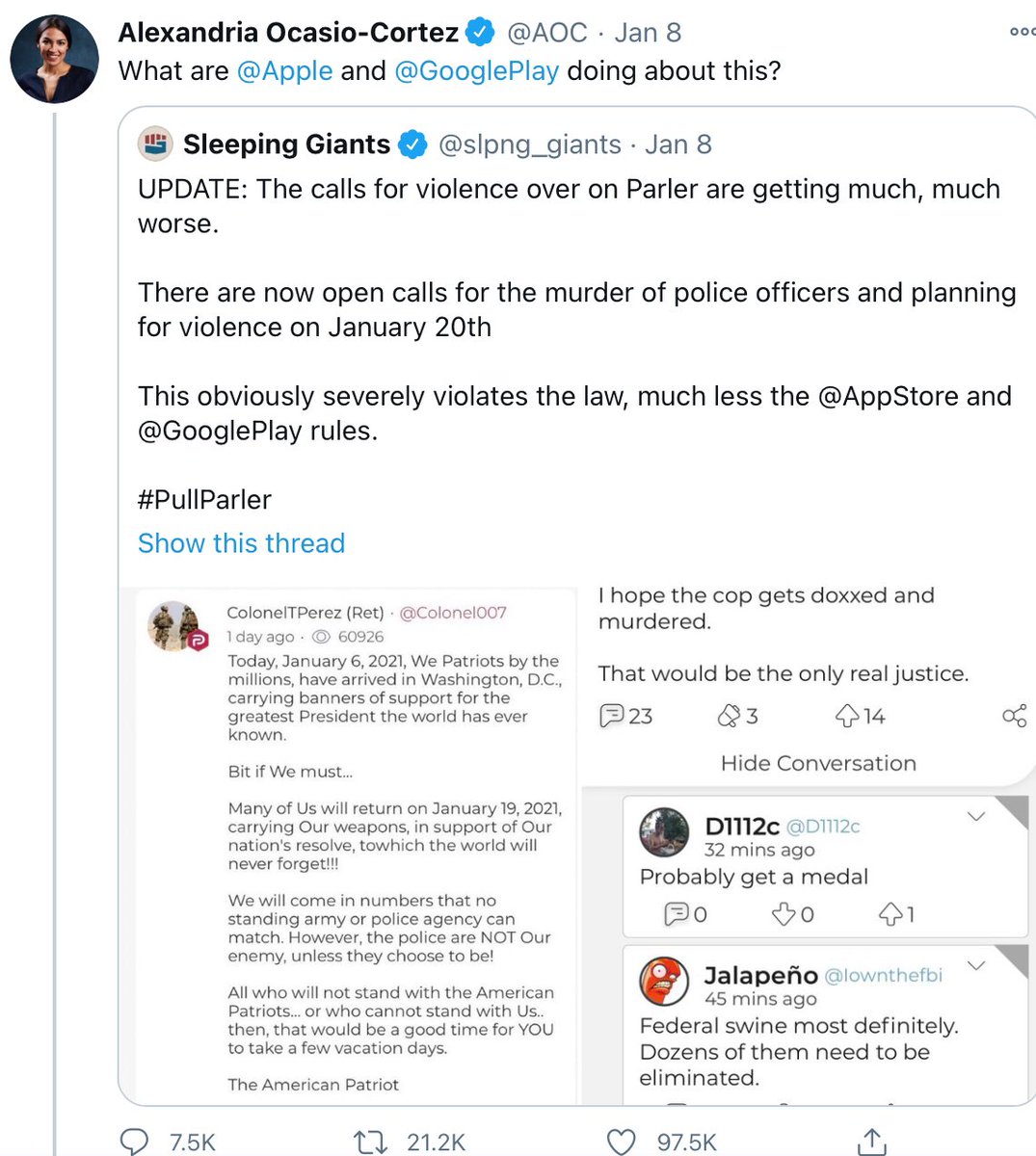 For those asking which Democrats called on Silicon Valley monopolies to remove Parler, start here: some pretty influential and significant ones (I had a long, respectful debate with Ro Khanna about it that day on this site, but his position is clear):