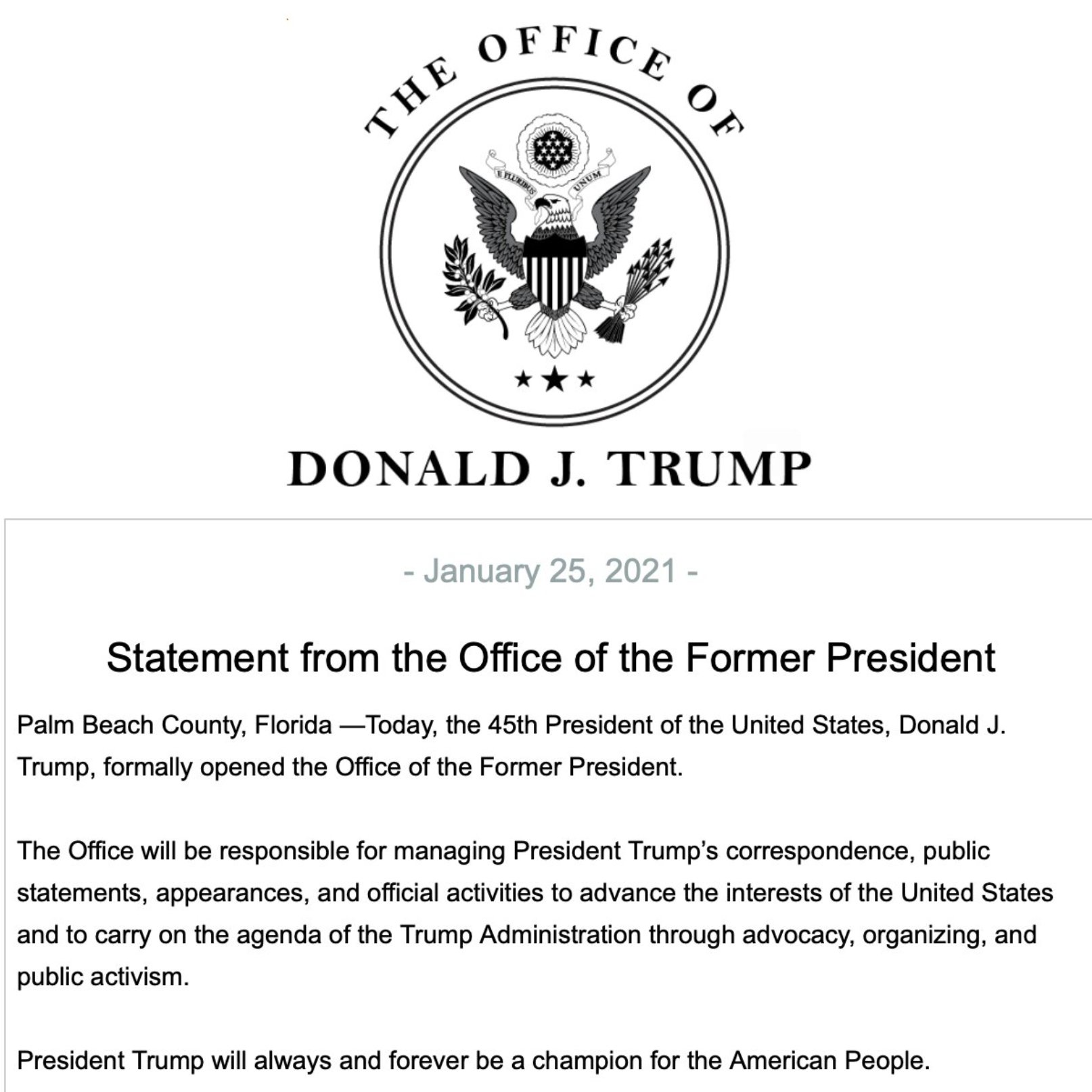 Aaron Parseghian On Twitter Former President Donald Trump Has Officially Opened The Office Of The Former President Which Will Manage His Correspondence Public Statements And Activities To Carry On The Agenda Of Office of the president letterhead