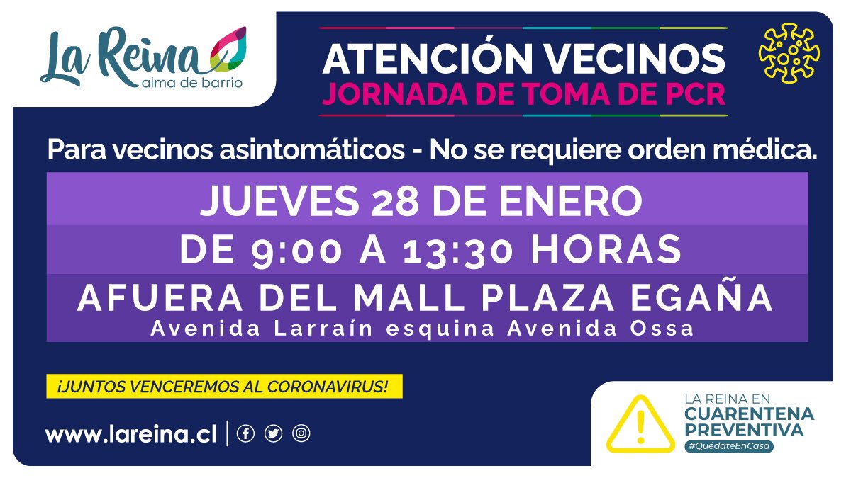 PRÓXIMA JORNADA PCR ✔️ 

Este jueves tendremos un nuevo operativo de exámenes PCR gratuitos, pensados en el bienestar y tranquilidad de las familias de La Reina.

📍Acceso Mall Plaza Egaña      

Con tu responsabilidad y compromiso saldremos adelante ¡Cuídate! 💪🏼