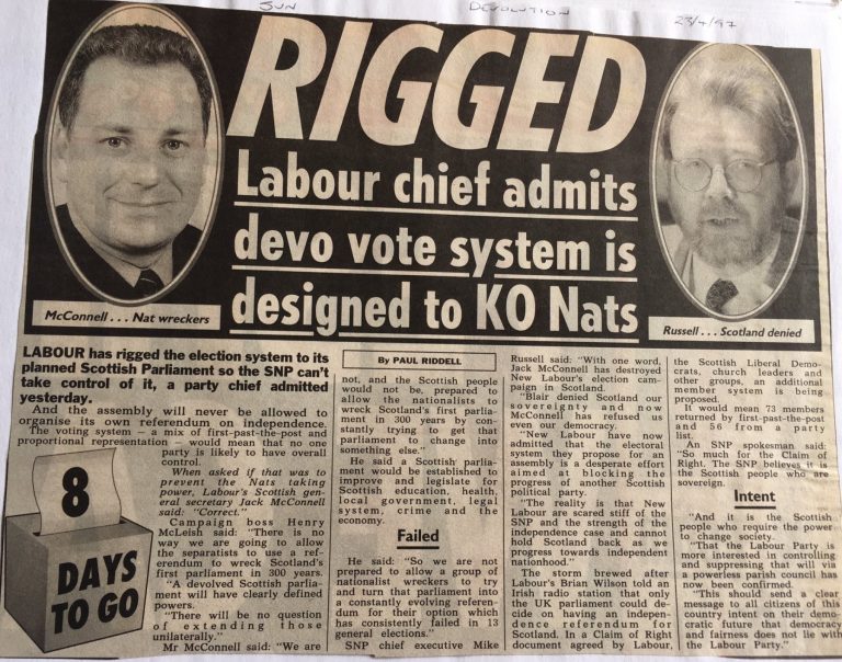 2/ It’s widely accepted that AMS was designed to somehow thwart Scottish independence, and keep the SNP out of power. The usual evidence given for this is a Sun article from April 1997 , with a headline based on comments from Labour’s Jack McConnell. Only 1 problem: it’s garbage!