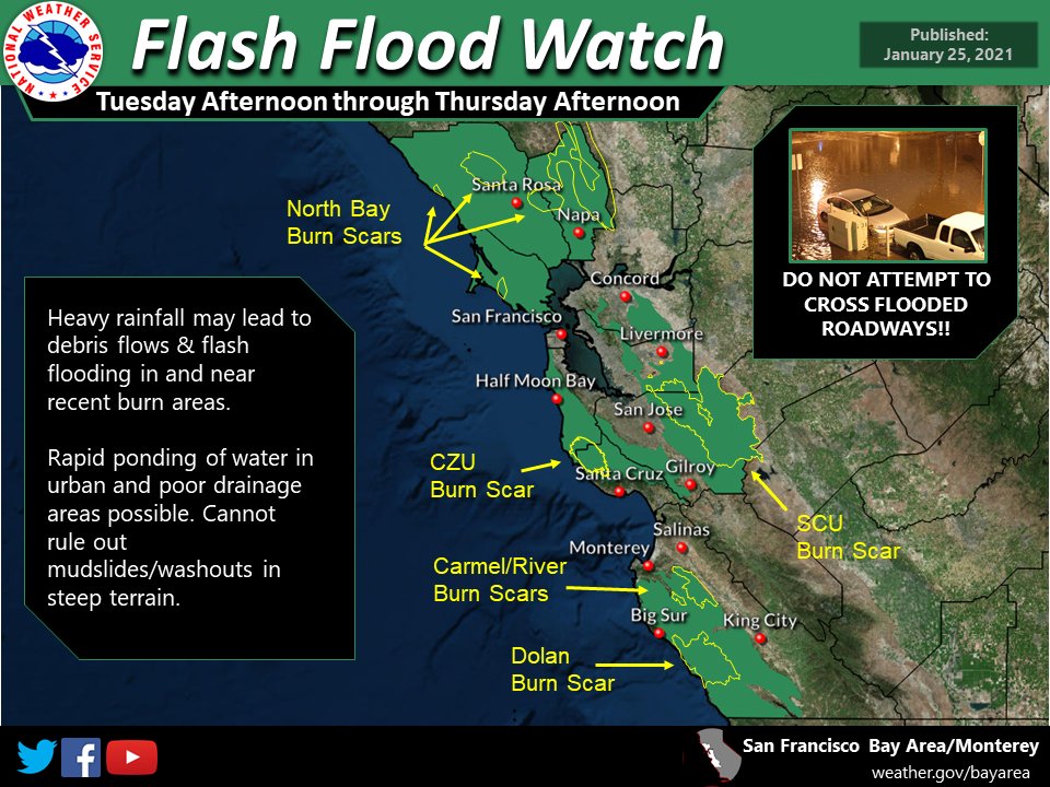Update: The ⚠️Flash Flood Watch now covers the East Bay Hills, including the SCU Burn Scar. Be weather-ready the next few days. If you live on or near a burn scar, have a “go bag” ready in case you need to quickly evacuate. #CaWx #AtmosphericRiver