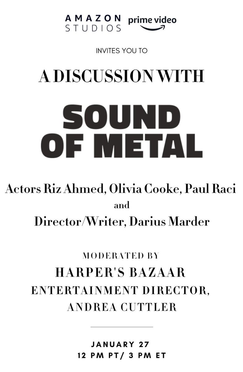 Join @AmazonStudios for a discussion with the 'Sound of Metal' cast and director/writer, Darius Marder. Moderated by BAZAAR's Entertainment Director Andrea Cuttler on January 27th at 12 PM PT / 3 PM ET. RSVP here to reserve your spot now: rsvp.theworldsbest.events/_7g1z8