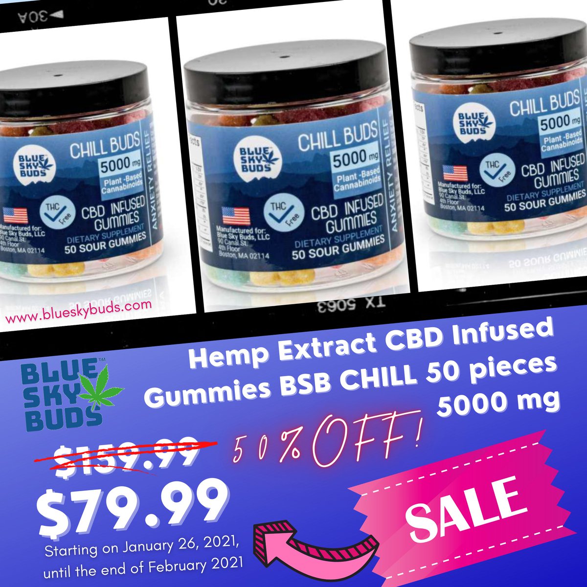 Come on! Don't be shy, our Hemp Extract CBD Infused Gummies BSB CHILL 50 pieces 5000 mg is on sale! 🤩☑️
Get 50% off starting tomorrow, January 26, 2021 until the end of February 2021. 💰👌
Shop now ➡️➡️ blueskybuds.com
#blueskybuds
#cbd
#cbdoil
#cbdgummies
#sale
#cbdlife